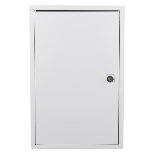 Front view of st john ambulance first aid cabinet with key showing a plain closed white door and lock