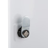 Close up of the latch on the st john ambulance first aid cabinet with key showing the metal lock mechanism