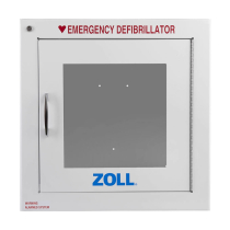  a square white cabinet, with a clear viewing window, in red writing at the top it says emergency defibrillator at the bottom in blue it says the manufactures name zoll