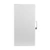 a side view of a white metal cabinet with a silver metal handle showing 