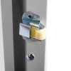 Latch mechanism on the zoll aed plus wall mount cabinet alarm shown in close-up view