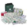 St John Ambulance Zenith large first aid kit with all included medical supplies displayed in front of the green soft case