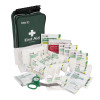 st john bs85991 compliant workplace kit small showing green first aid bag and contents including dressings plasters scissors and wipes
