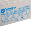 Closeup of Su12V7Ab 12Vdc 1Ah Battery showing blue Kinetix Batteries branding and voltage charge details