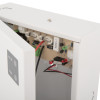 Closeup of the internals of a 12v 1 amp power supply unit showing circuit board components and wiring