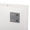 Close-up of the 12v 1 amp power supply unit with backup battery showing two LED indicators labelled AC IN and FAIL