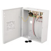 Open 12v 1 amp power supply unit with backup battery showing internal wiring and open metal casing