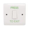 White button labelled Press to Exit from an access control maglock kit with keypad