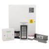 access control maglock kit with keypad showing a white control box, keypad, exit button, and metal lock component