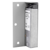 Side view of an access control rim electric release strike showing an angled back and mounting holes