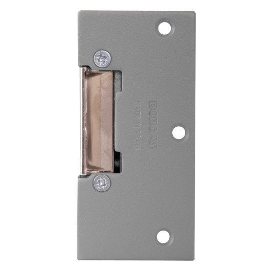 front view of an access control rim electric release strike showing the metal plate and internal mechanism