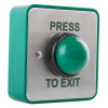 access control green dome exit button shown from an angled view with a large green push button and press to exit text
