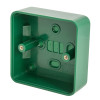 Green dome exit button access control showing a square plastic box with mounting pegs inside