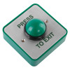 Access control green dome exit button shown from a flat angled view with press to exit text on the metal faceplate