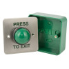 access control green dome exit button shown from the front next to its open green box
