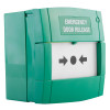 Green access control emergency manual call point shown at an angled view with emergency door release label and arrows on the centre panel