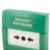 Closeup of access control emergency manual call point with emergency door release label and arrows pointing to centre
