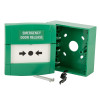 Green access control emergency manual call point with open back box and mounting screws shown separately