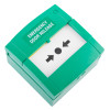access control emergency manual call point in green shown from a flat angled view with arrow symbols and emergency door release text