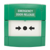 Green access control emergency manual call point showing front with emergency door release text and arrow symbols