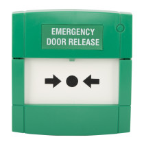 Green access control emergency manual call point showing front with emergency door release text and arrow symbols