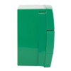 Side view of a green access control emergency manual call point showing its slim profile and design features