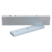 access control slimline electromagnetic lock front shown with magnet parts in silver metal finish