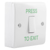 angled view of a white access control exit button with press to exit text in green