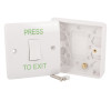White access control exit button with green text press to exit shown with backplate and screws