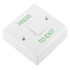 access control white exit button shown from a flat angled view with a central press switch and green text