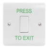 Front view of an access control white exit button with a rectangular press switch and green text reading PRESS TO EXIT