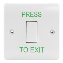 Front view of an access control white exit button with a rectangular press switch and green text reading PRESS TO EXIT