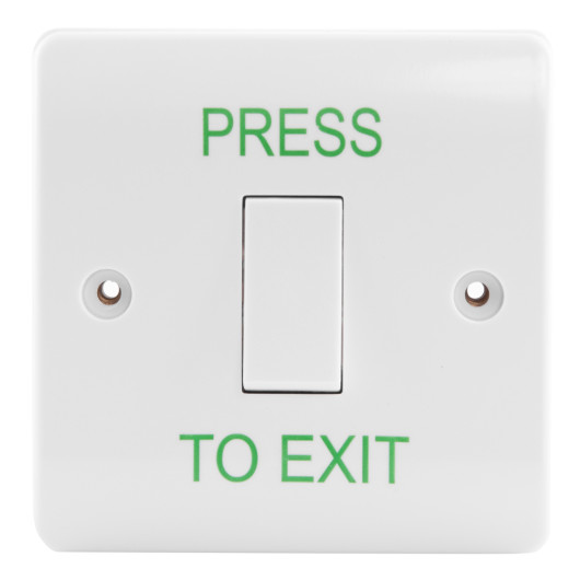 Front view of an access control white exit button with a rectangular press switch and green text reading PRESS TO EXIT