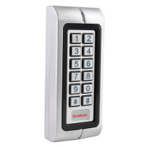 Angled view of an access control waterproof keypad with numbered buttons and a branded label at the bottom