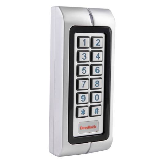 Angled view of an access control waterproof keypad with numbered buttons and a branded label at the bottom
