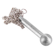 Front view of hammer and chain redlam panic bolt showing metal bolt with round end and attached chain