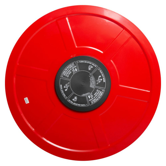 Tg8102352 19Mm Fixed Fire Hose Reel front view showing red circular reel with central black instruction label