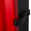 Closeup clip of the latch on the thomas glover fire extinguisher cabinet showing red and black parts