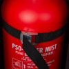 Closeup of the strap and metal clasp on a thomas glover fire extinguisher cabinet