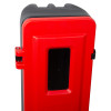 Closeup top view of the red and black thomas glover fire extinguisher cabinet showing the front panel and latch