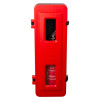 thomas glover fire extinguisher cabinet in red shown from the front with extinguisher visible through window panels
