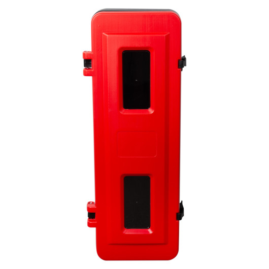 Front view of a red Thomas Glover fire extinguisher cabinet with two rectangular window panels
