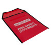Red document pouch lying flat with black trim and text stating important fire safety documents