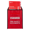 red document pouch showing the front with a red log book labelled fire safety documents inside