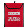 Red document pouch shown from the front with black trim and important fire safety documents text