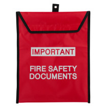 Red document pouch shown from the front with black trim and important fire safety documents text