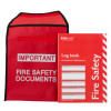Red document pouch in red with Important Fire Safety Documents printed on the front next to a red log book showing the side cover