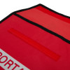 Open close up of a red document pouch showing red fabric and black trim edges