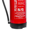 Base and boot of a thomas glover 9kg monnex powder extinguisher showing red cylinder and black base with hose attachment