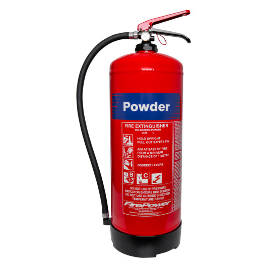 Front view of thomas glover 9kg monnex powder extinguisher showing label and hose